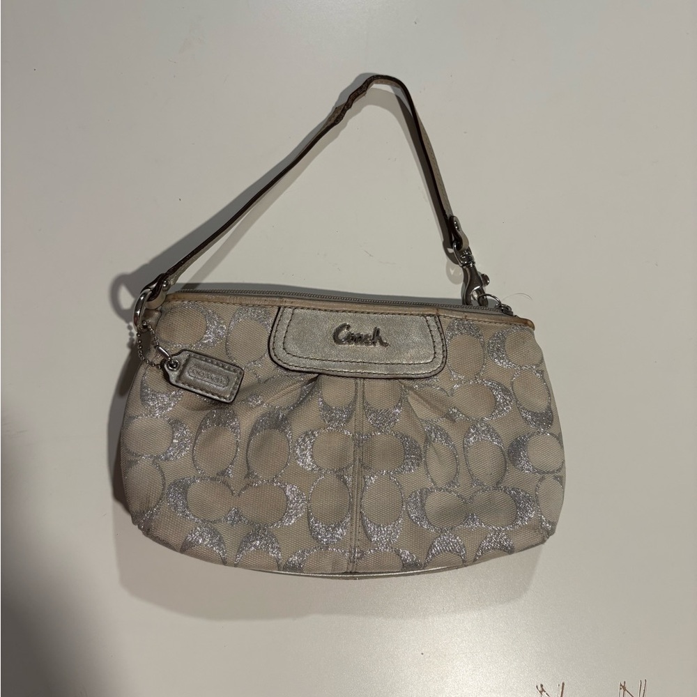Coach Signature C Design Silver and Cream Large Wristlet